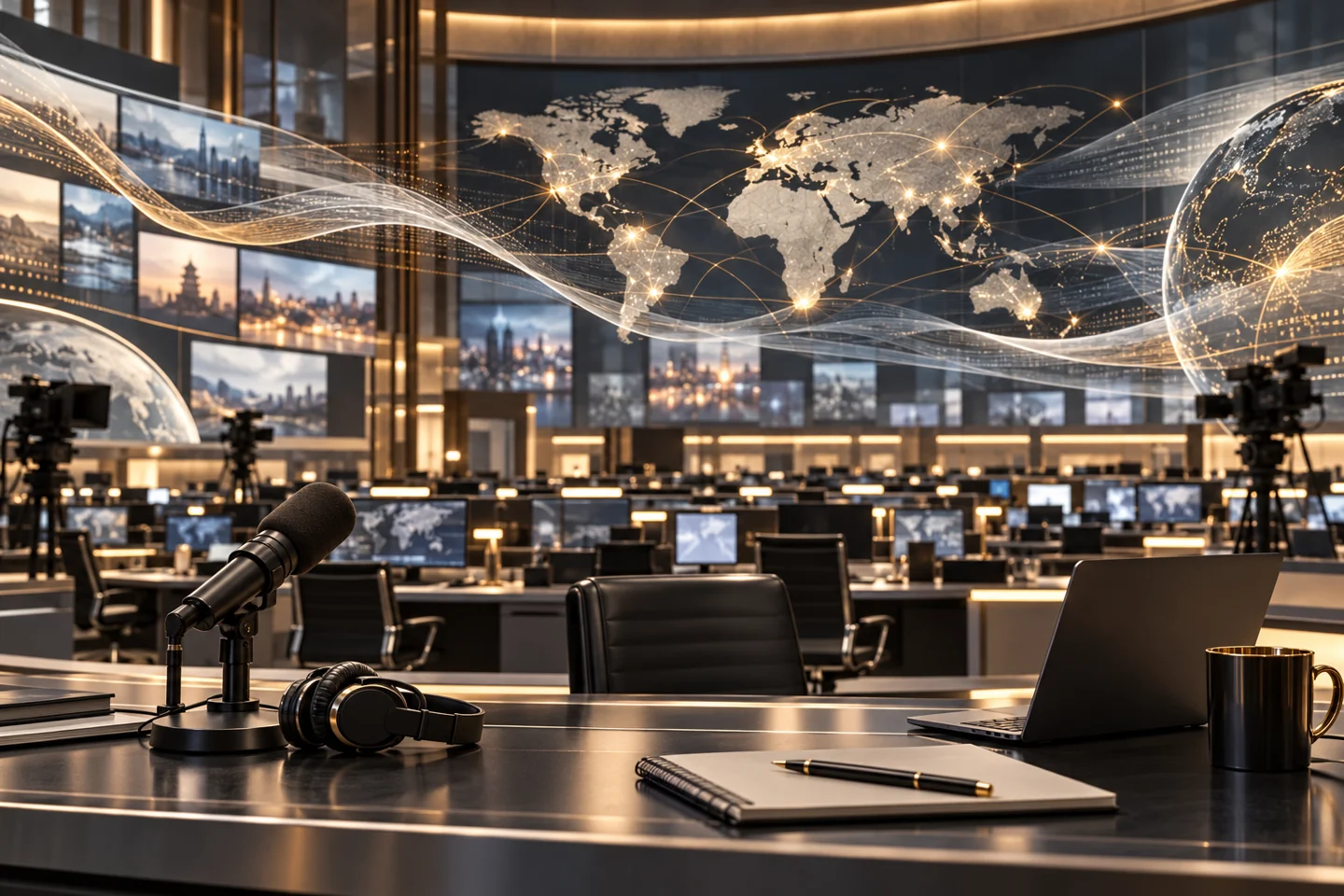 Conceptual modern newsroom with microphones and global media displays
