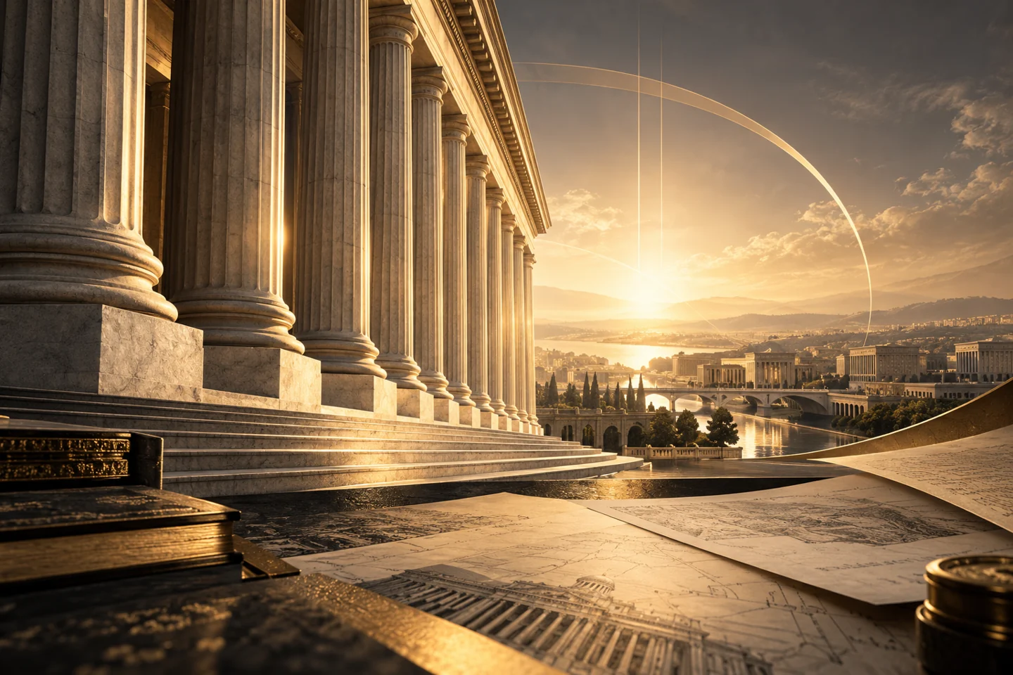 Conceptual institutional colonnade and archival papers in warm light