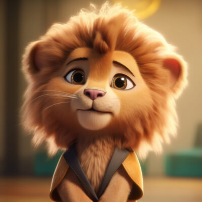 a cute adorable baby lion in an elegant outfit, with golden long